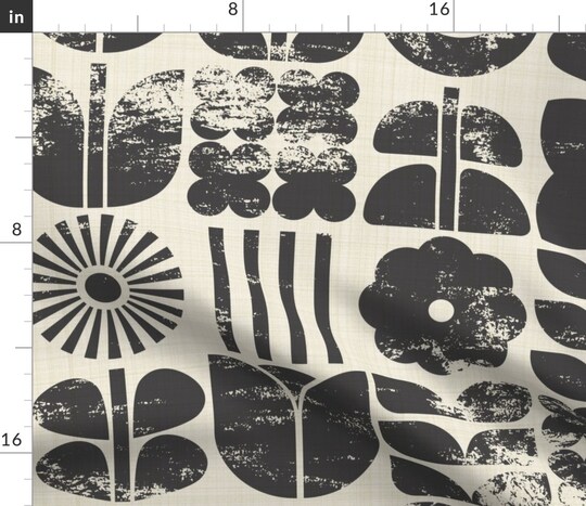 Spoonflower; Block Print Floral Black Cream Botanical Retro Scandinavian Monochromatic Mcm Custom Printed Fabric by Spoonflower Various Fabrics by the Yard or Fat Quarter; Category:Crafting Fabric; Image:1